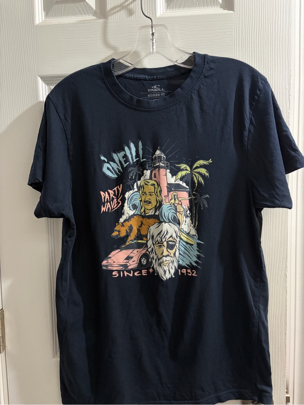 O'Neill Navy Short-Sleeve Graphic Tee with Multicolor Beach Artwork
